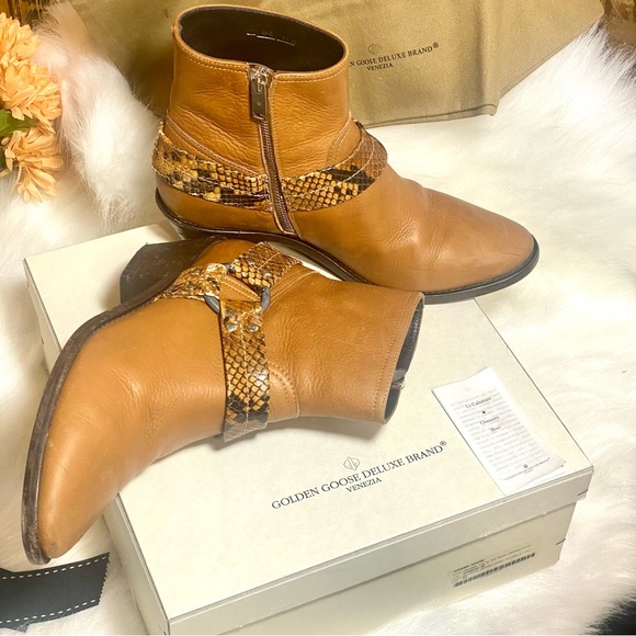Golden Goose Bretagne Brown Leather Snakeskin Ankle Boots ~Western Moto Boots GG - Picture 2 of 16